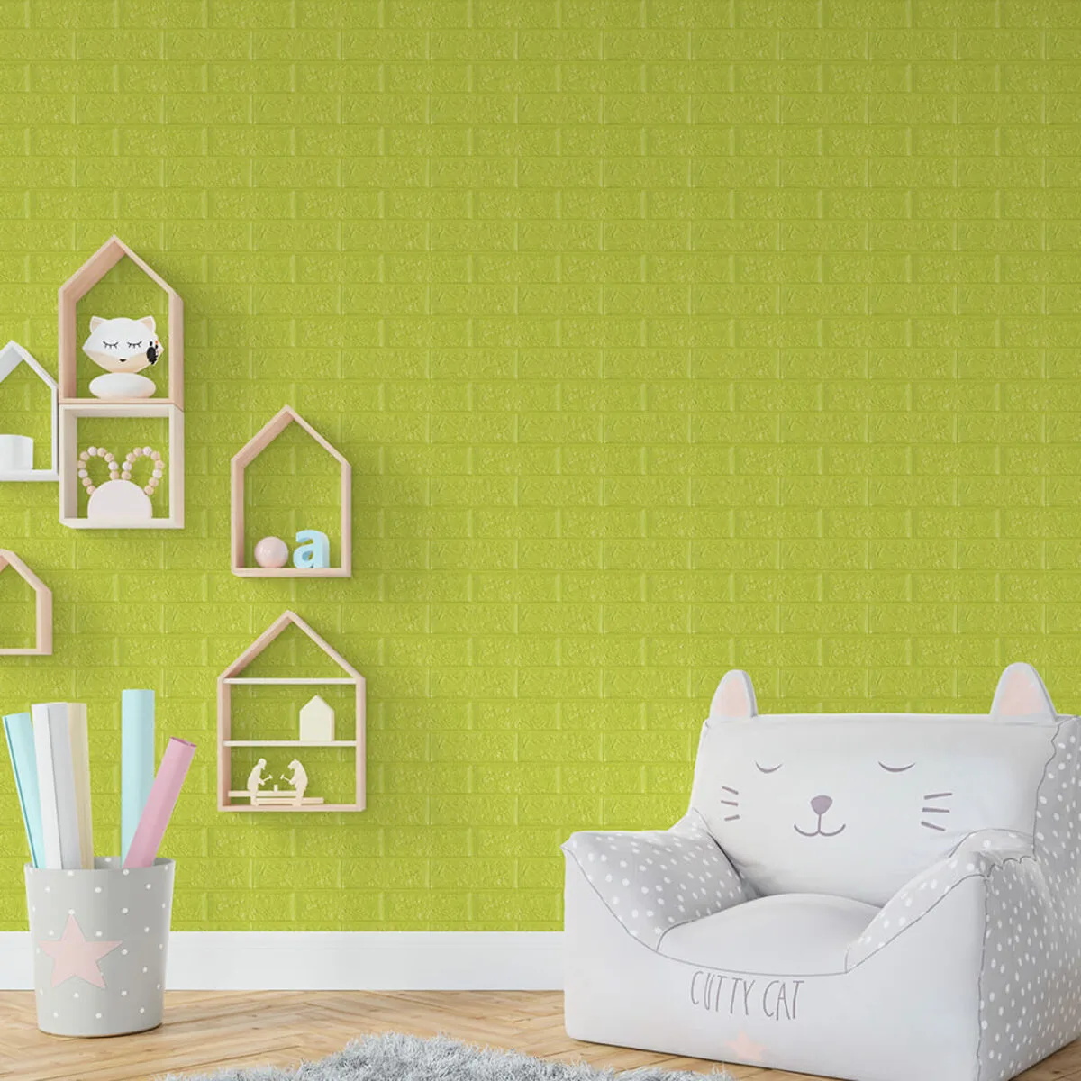02e05d5bfb-5_resize_1200x1200 3D панель самоклеюча цегла відтінок лайму 700х770х5мм (300-5) SW-00001331 – зображення використання 5