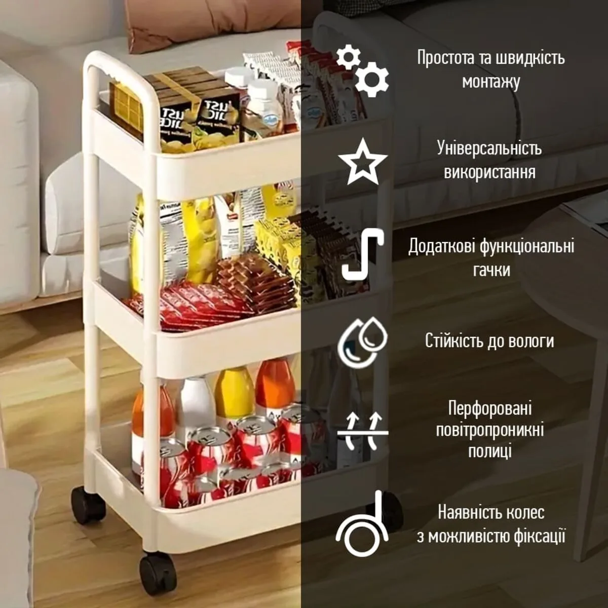 13d7cd9666-4_resize_1200x1200 Етажерка мобільна триярусна універсальна пластикова слонова кістка 41х25х72см SW-00002435 – зображення використання 4
