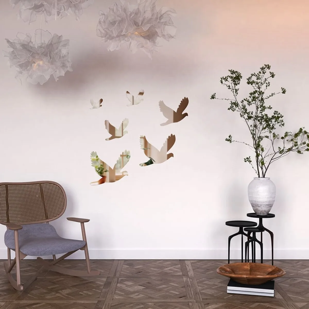 Дзеркальний декор акриловий самоклеючий Птахи срібло, 6шт (D) SW-00002520 – зображення використання 5