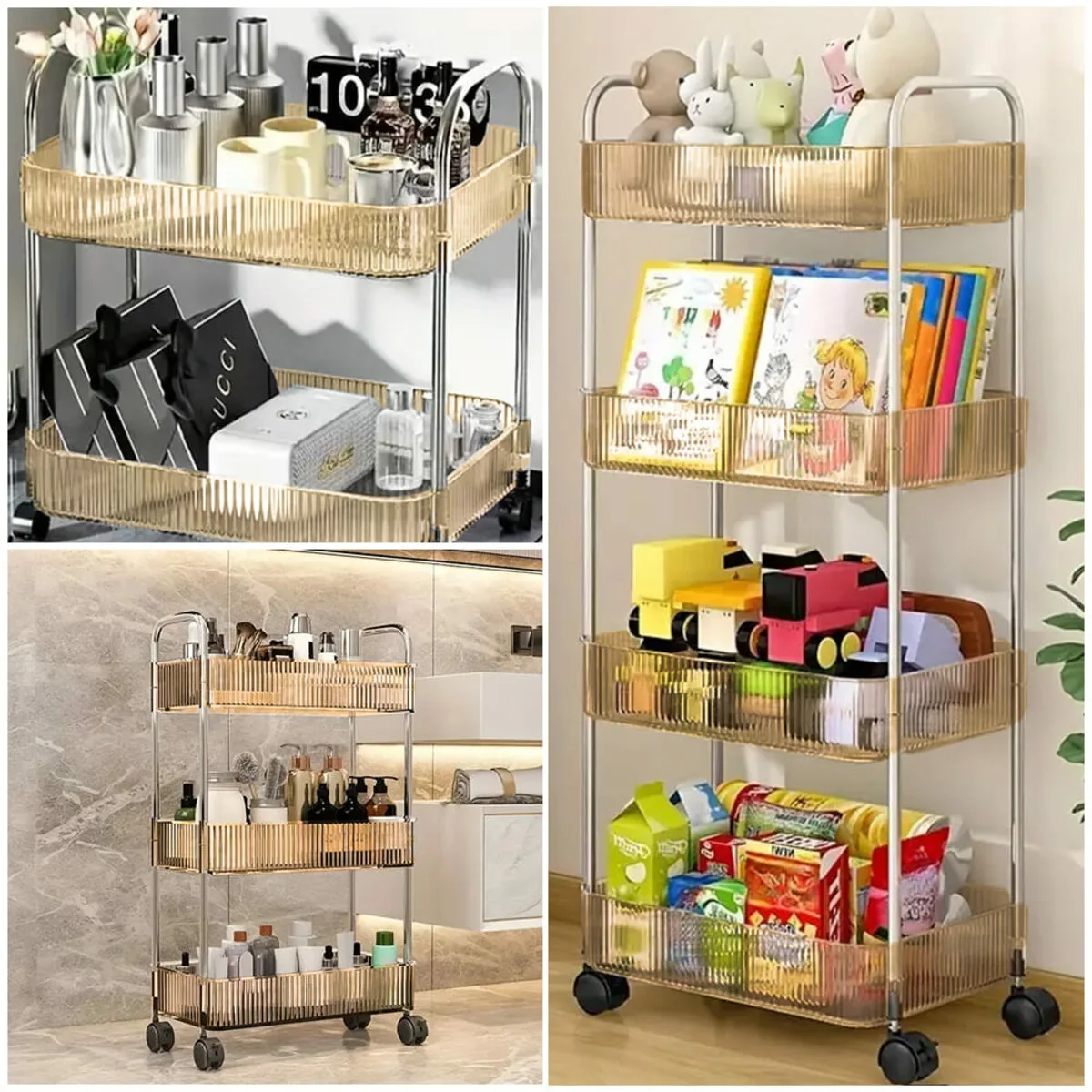 6392ec6e02-7_resize_1200x1200 Етажерка мобільна двоярусна універсальна з акрилу та металу бежева 40х28,5х45см SW-00002110 – зображення використання 7