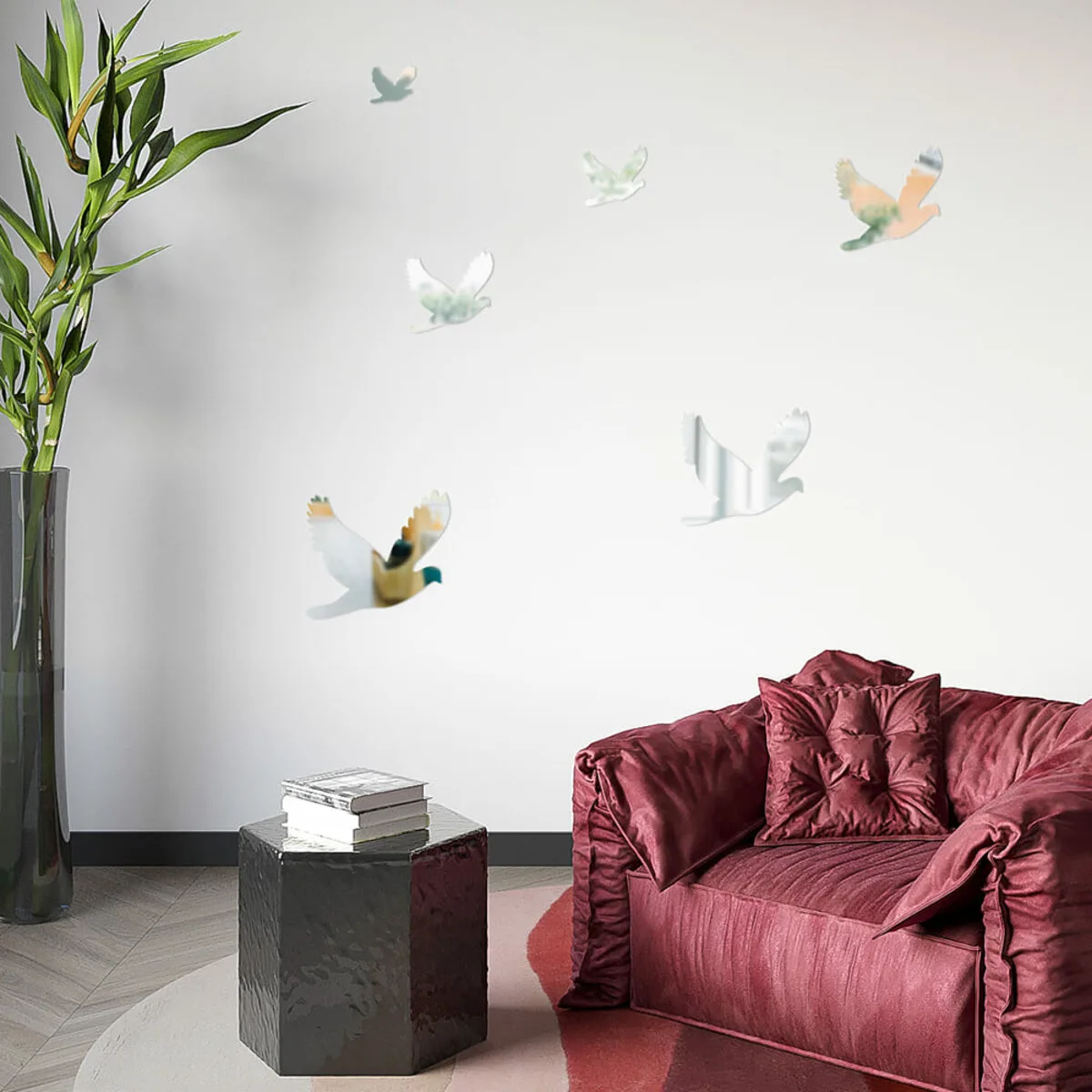 Дзеркальний декор акриловий самоклеючий Птахи срібло, 6шт (D) SW-00002520 – зображення використання 6