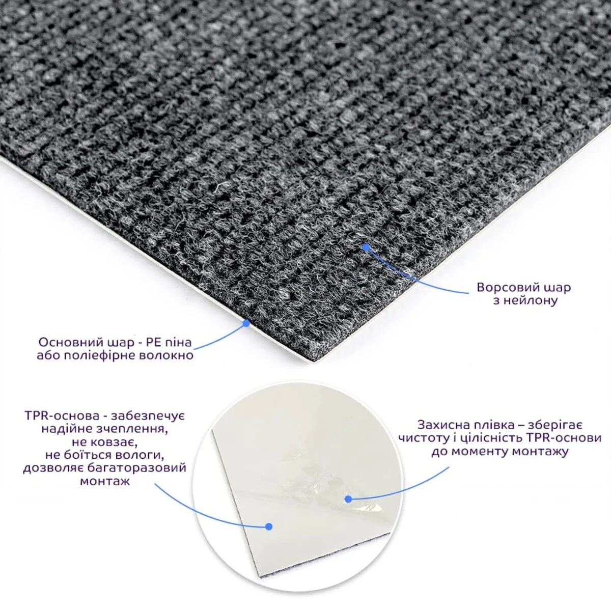 Плитка ковролінова з TPR основою багаторазова темно-сіра 300х300х4мм SW-00002801 – додаткове зображення 2