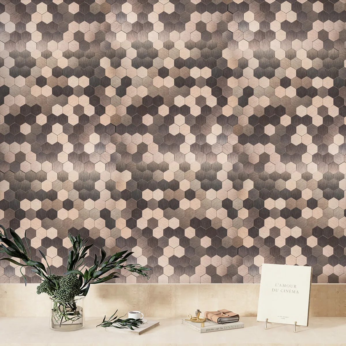 Самоклеюча алюмінієва плитка мозаїка рожеве золото 300х300х3мм SW-00001930 – зображення використання 7