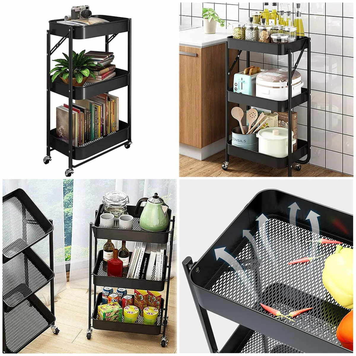 Етажерка мобільна триярусна універсальна з металу чорна 46,5х29х77,5см SW-00002099 – зображення використання 6